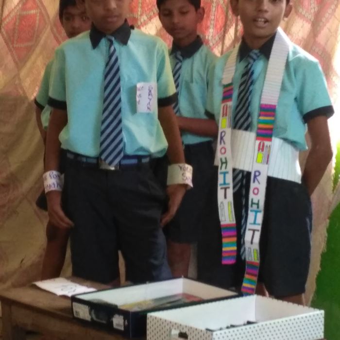 Students standing behind a desk holding two shoebox ballot boxes, one boy wearing a colourful sash with his name on it