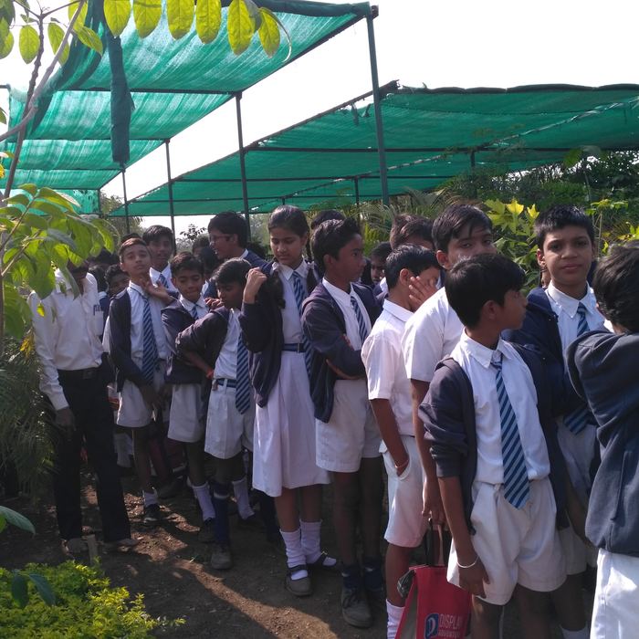 A line of students walking between rows of saplings under green shade netting at a plant nursery